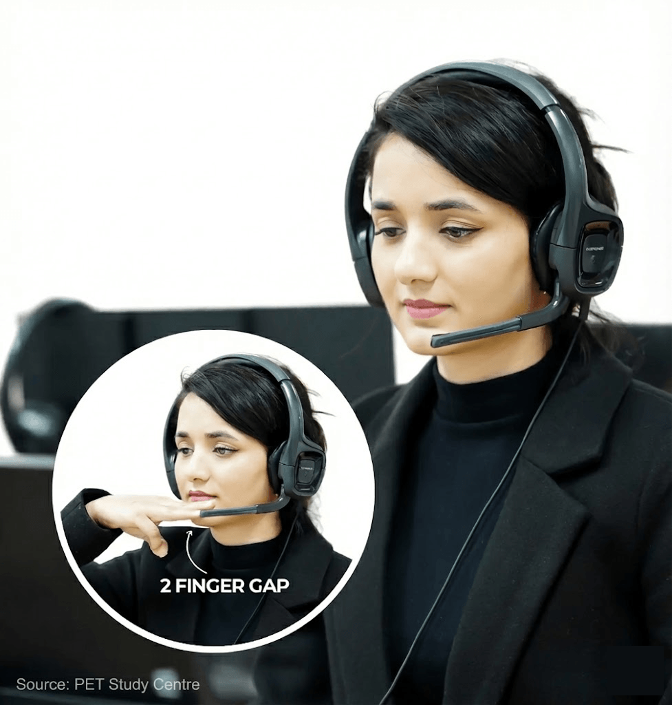 Image showing correct headset microphone positioning two fingers from the corner of the mouth